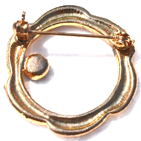 💞💗 Vintage Gold Plated CircleTwisted Wreath Brooch Red Rhinestone 1.2" - Picture 6 of 7